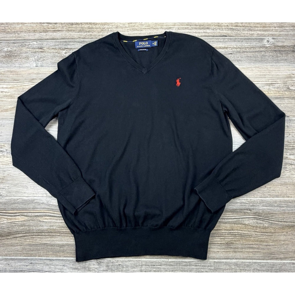 Polo Ralph Lauren Sweater Mens M Black Pima Cotton V-Neck Pullover Classic Logo